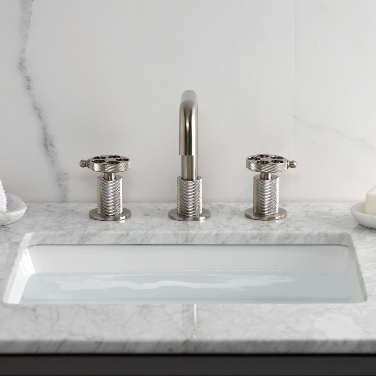 Kingston Sona KS1418RKZ - Wendell Two-Handle 3-Hole Deck Mount Widespread Bathroom Faucet with Knurled Handle and Push Pop-Up Drain, Brushed Nickel — thumbnail 3